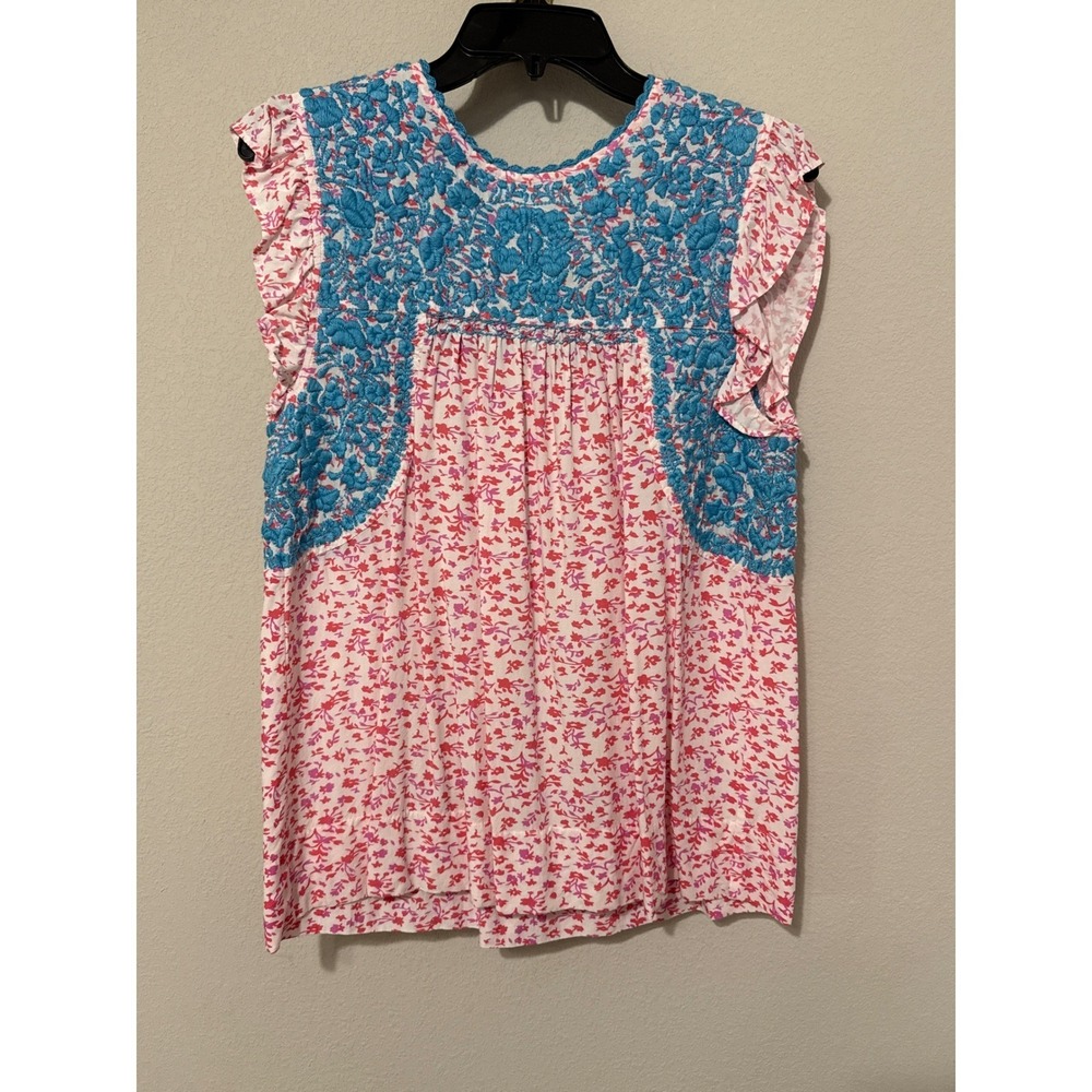 Sister Mary Women XS Pink Blue Floral Embroidered Boho Flutter Sleeve Top